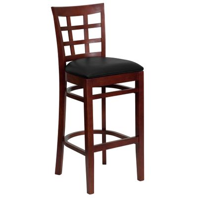HERCULES Window Back Wood Restaurant Bar Stool - Black Vinyl Seat, Mahogany Finish - XU-DGW0007BARWIN-MAH-BLKV-GG