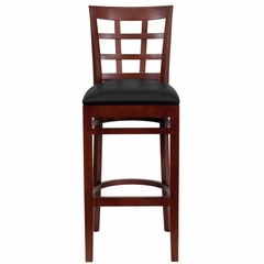 HERCULES Window Back Wood Restaurant Bar Stool - Black Vinyl Seat, Mahogany Finish - XU-DGW0007BARWIN-MAH-BLKV-GG