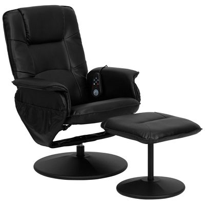Massaging Black Leather Recliner and Ottoman with Leather Wrapped Base - BT-753P-MASSAGE-BK-GG