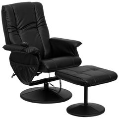 Massaging Black Leather Recliner and Ottoman with Leather Wrapped Base - BT-7600P-MASSAGE-BK-GG