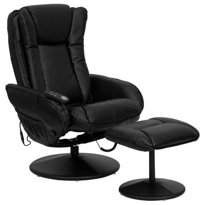 Massaging Black Leather Recliner and Ottoman with Leather Wrapped Base - BT-7672-MASSAGE-BK-GG
