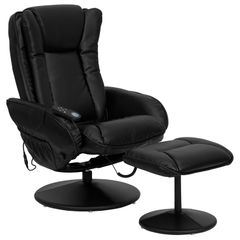 Massaging Black Leather Recliner and Ottoman with Leather Wrapped Base - BT-7672-MASSAGE-BK-GG