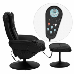 Massaging Black Leather Recliner and Ottoman with Leather Wrapped Base - BT-7672-MASSAGE-BK-GG
