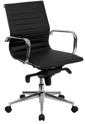 Mid-Back Black Ribbed Upholstered Leather Conference Chair  - BT-9826M-BK-GG