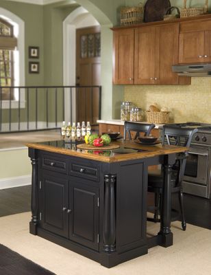 Monarch Kitchen Island with Granite Top and Two Bar Stools in Black / Oak - Home Styles - 5009-948
