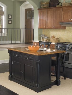 Monarch Kitchen Island with Two Bar Stools in Black / Oak - Home Styles - 5008-948