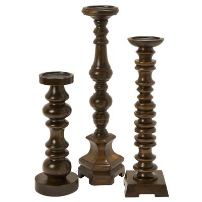 Nilay Wood Candleholders In Old Oak Finish (Set of 3) - IMAX - 5536-3