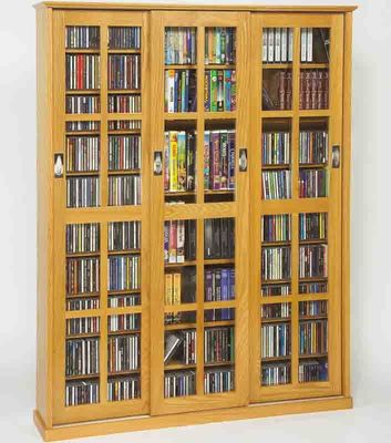Oak Mission Style Sliding Glass Door DVD Cabinet - Leslie Dame DVD Storage - MS-1050
