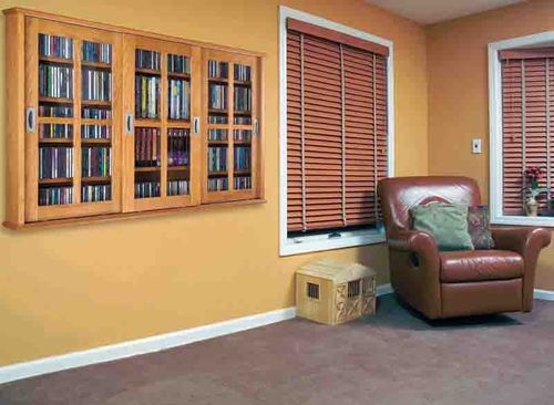 Oak Mission Style Sliding Glass Door DVD Cabinet - Leslie Dame DVD Storage - MS-525
