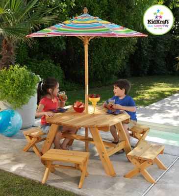 Octagon Table and 4 Stools and Multi Striped Umbrella - KidKraft Furniture - 00042