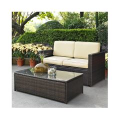 Palm Harbor 2 Piece Outdoor Wicker Set - Loveseat and Glass Top Table - CROSLEY-KO70002BR
