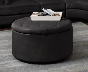 Round Leather Storage Ottoman with Button-Tufted Seat - 501105