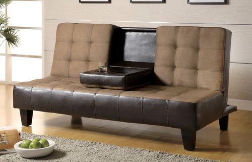 Sofa Bed in Tan Microfiber / Dark Brown Vinyl - Coaster - 300237