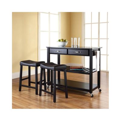 Solid Black Granite Top Kitchen Cart / Island in Black with 24