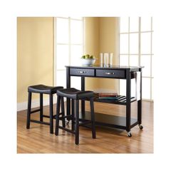 Solid Black Granite Top Kitchen Cart / Island in Black with 24" Saddle Stools - CROSLEY-KF300544BK
