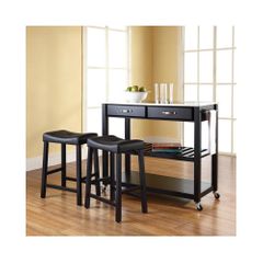 Stainless Steel Top Black Kitchen Cart / Island with 24" Saddle Stools - CROSLEY-KF300524BK