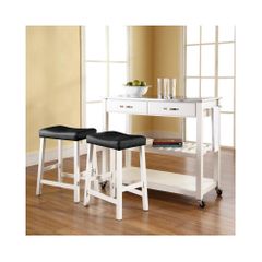 Stainless Steel Top White Kitchen Cart / Island with 24" Saddle Stools - CROSLEY-KF300524WH