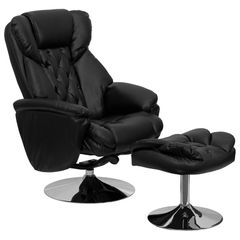 Transitional Black Leather Recliner and Ottoman with Chrome Base - BT-7807-TRAD-GG