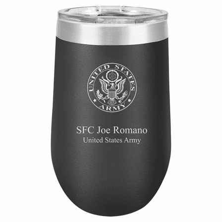 Army Emblem 16 Ounce Black Insulated Stemless Wine Glass