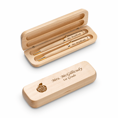 Best Teacher Ever Laser Engraved Maple Wood Double Pen and Box Set