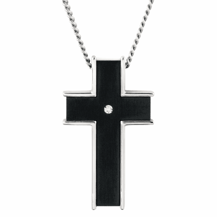 Black Titanium Cross Pendant with Inlaid Diamond & Chain