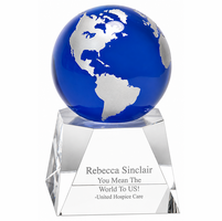 Blue Crystal Globe With Personalized Pedestal Base - 5" Height