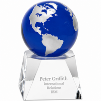 Blue Crystal Globe With Personalized Pedestal Base - 6 1/2" Height