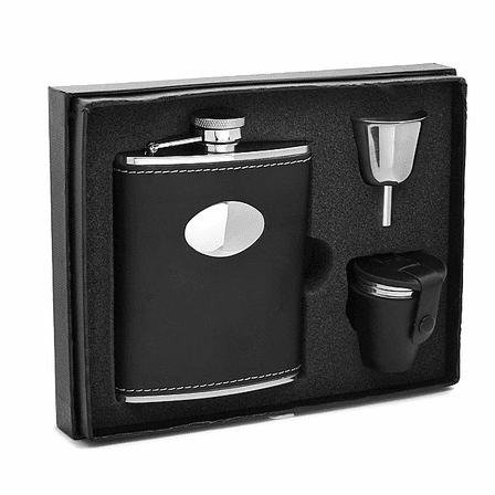 Engraved Black Leather Flask Gift Set