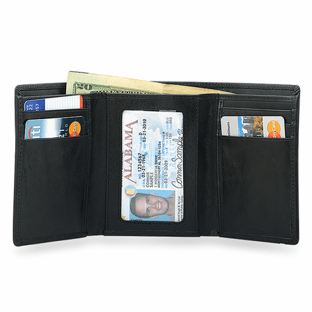Executive Collection RFID Blocking Black Leather Trifold Wallet with Center ID Window