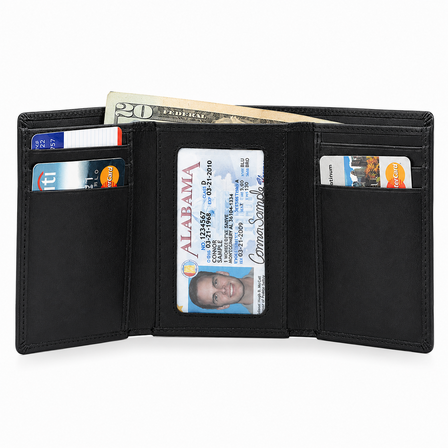 Executive Collection RFID Blocking Black Leather Trifold Wallet with Center ID Window