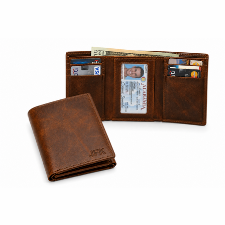 Executive Collection RFID Blocking Brown Leather Trifold Wallet with Center ID Window