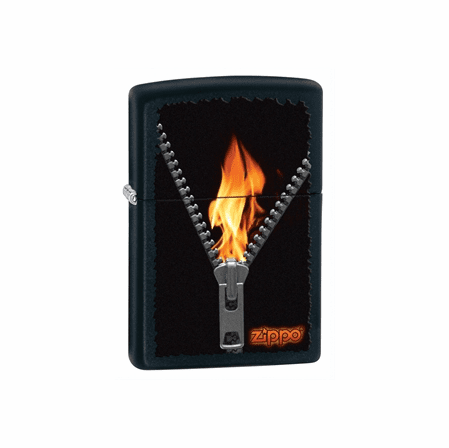 Flaming Zipper Black Mattte Zippo Lighter - Discontinued