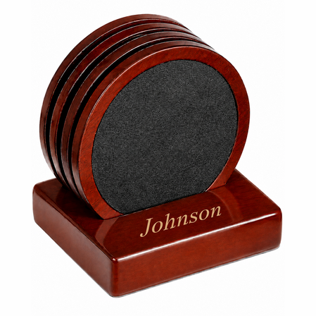 Four Piece Cherry Wood & Leather Coaster Set