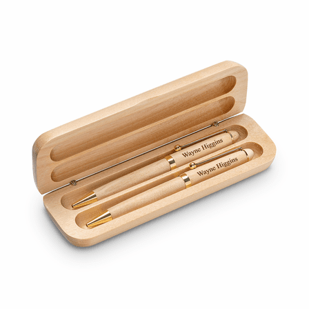 Hockey Theme Laser Engraved Maple Wood Double Pen and Box Set