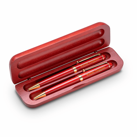 Hockey Themed Laser Engraved Cherry Finished Wood Double Pen and Box Set