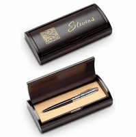 Last Name Monogram Engraved Black & Gold Ballpoint Pen with Cherry Wood Box