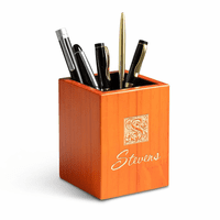 Last Name Monogram Theme Personalized Saddle Finish Wood Pen and Pencil Cup