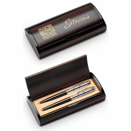 Last Name Monogram Theme Personalized Two Piece Pen Set with Wood Box