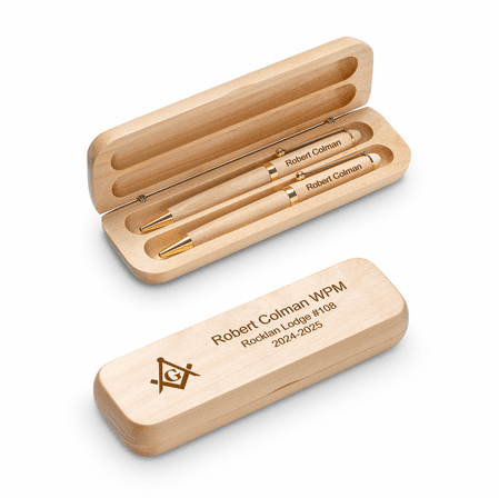 Masonic Theme Laser Engraved Maple Wood Double Pen and Box Set