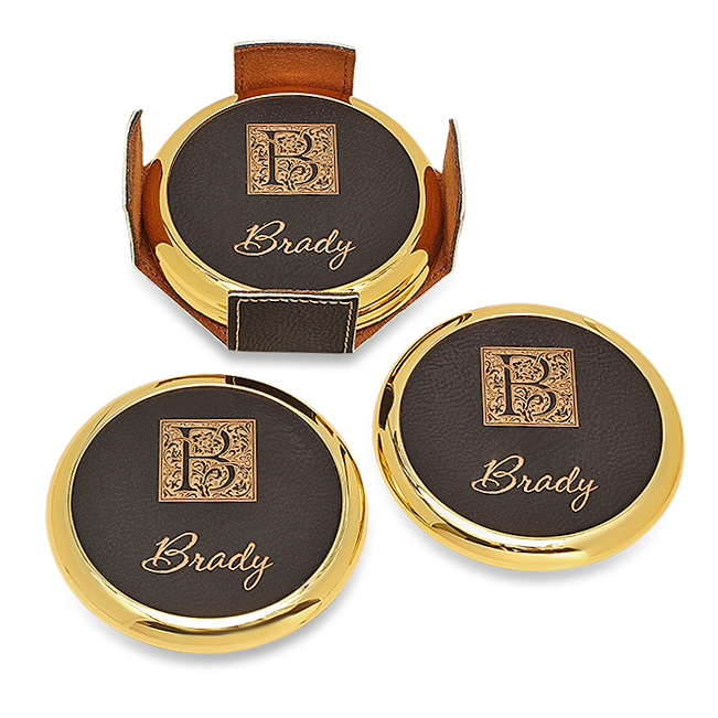 Monogrammed Black And Gold Round Coaster Set Executive Gift Shoppe