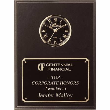 Personalized Black Matte Finish Recognition Plaque with Inlaid Clock with Black Dial