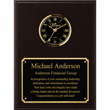 Personalized Black Matte Finish Recognition Plaque with Inlaid Clock with Black Dial
