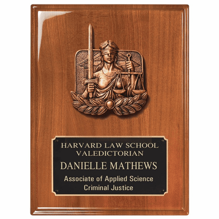 Personalized Blind Lady Justice Theme Walnut Plaque with  Engraving Plate
