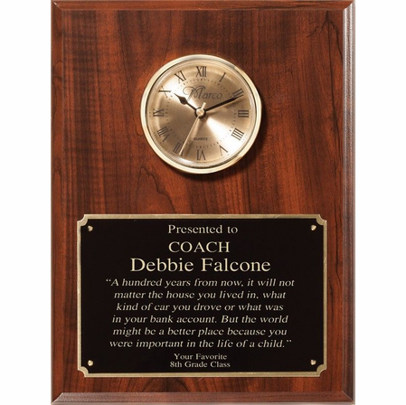 Personalized Cherry Finish Recognition Plaque with Inlaid Clock with Gold Dial