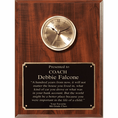 Personalized Cherry Finish Recognition Plaque with Inlaid Clock with Gold Dial
