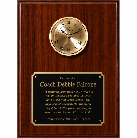 Personalized Cherry Finish Recognition Plaque with Inlaid Clock with Gold Dial