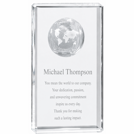 Personalized Crystal Rectangle With Inlaid Globe - 8" Height