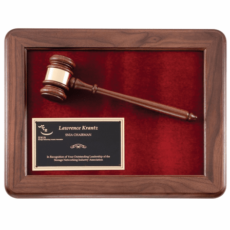Personalized Genuine Walnut Gavel Plaque with Maroon Velour Backdrop