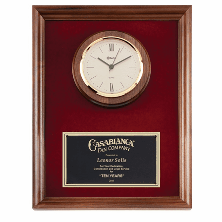 Personalized Genuine Walnut Recognition Plaque with Inlaid Clock and Red Velour Face