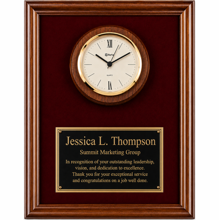 Personalized Genuine Walnut Recognition Plaque with Inlaid Clock and Red Velour Face